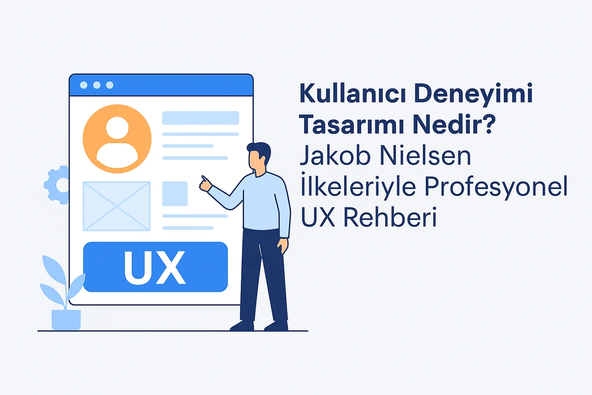 Kullanıcı deneyimi tasarımını temsil eden dijital bir arayüz illüstrasyonu, bilgisayar ekranı ve sezgisel simgelerle birlikte.
