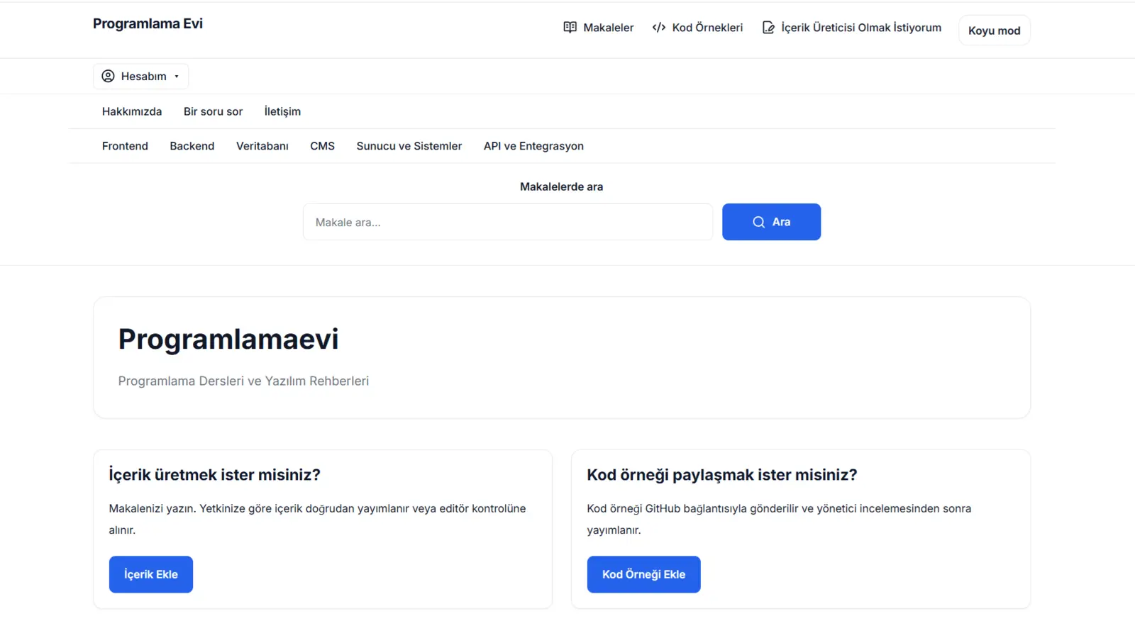 Programlama Evi projesinin ekran görüntüsü